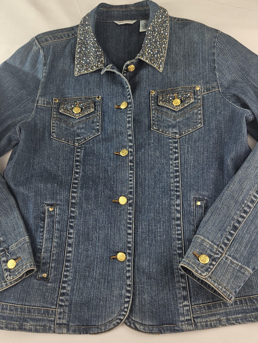 Vintage Laura Ashley Y2K Embellished Denim Jacket Blue Stretch Rhinestone Sz XL